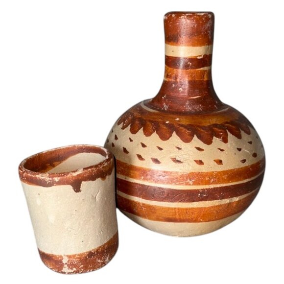 Vintage Small Mexican Folk Art Pottery Botellon Tumble Up Jug w/ Cup - Picture 1 of 3